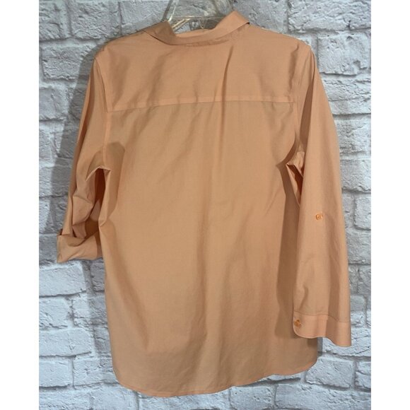 CHICOS 1 Medium Peach Button Up No Iron Tunic Top Shirt Roll Tab Sleeve Collared - Picture 4 of 6